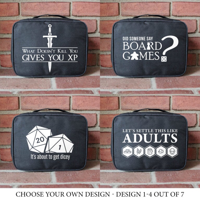 Bag design option 1-4: What dosn't kill you gives you xp, did someone say board games?, it's about to get dicey, let's settle this like adults.