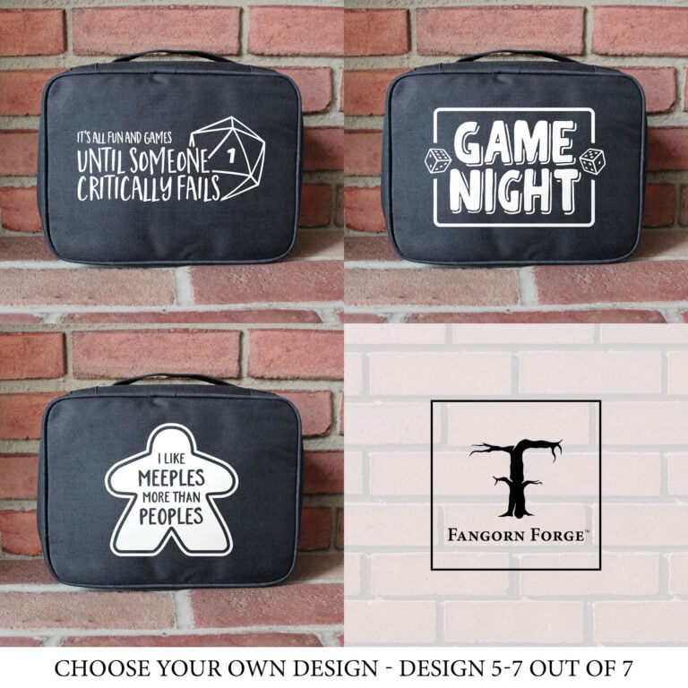 Bag design option 5-7: It's all fun and games until someone critically fails, game night, I like meeples more than peoples.