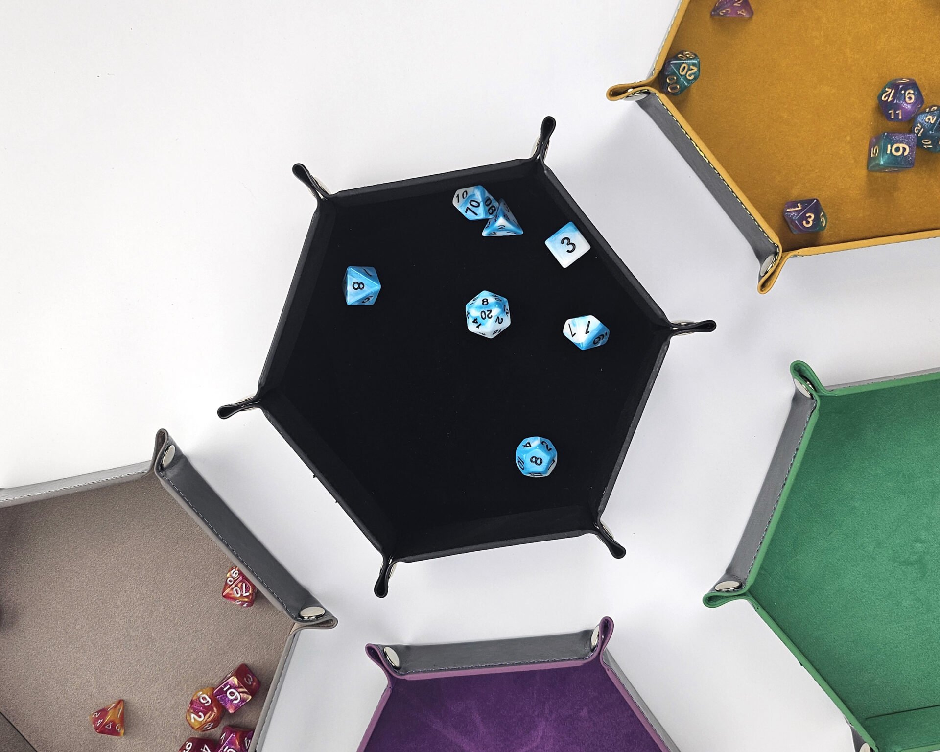 Color assorted Dice Trays with a Black dice tray and Blue dice