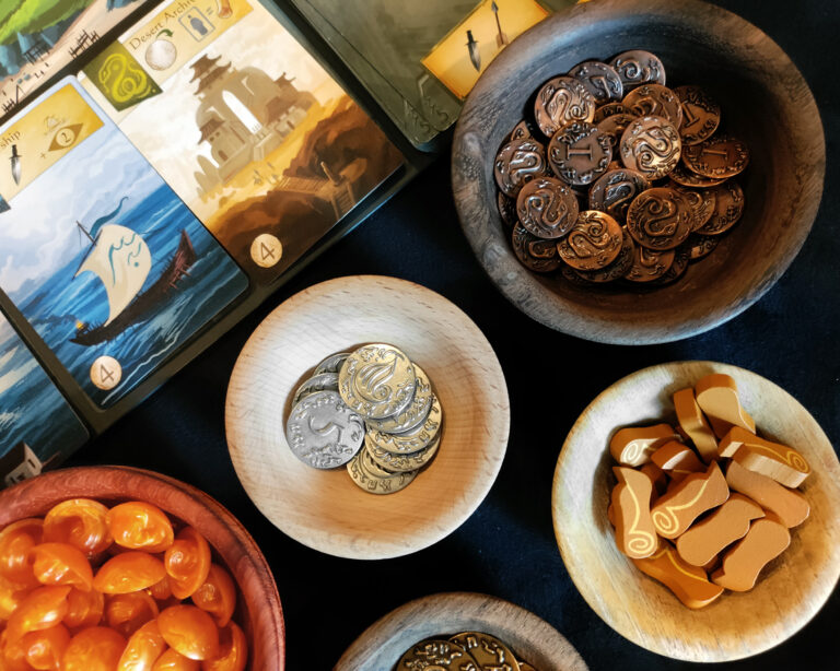 Red Raven Games Ancient World game pieces in component bowls
