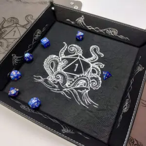 Dice tray with image of a kraken pulling d20 down into the sea