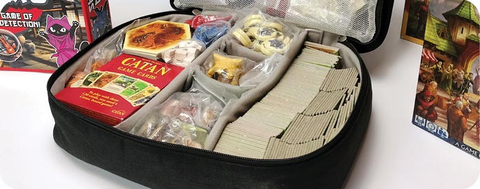 Keep filled with various board game pieces such as Settlers of Catan and Carcassonne