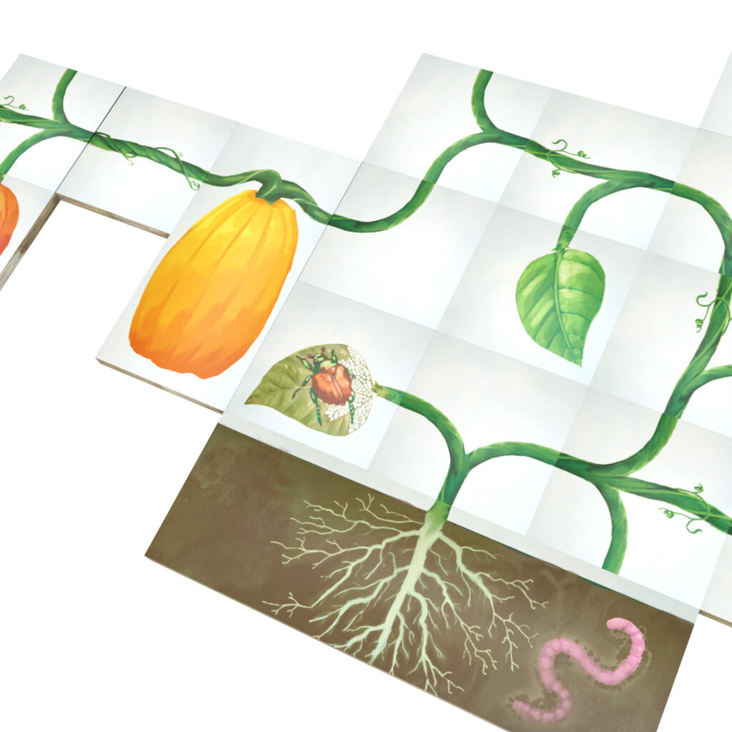 Closeup of Vine Pumpkins and Beetles expansion tiles showing a pumpkin growing along connected vine tiles and a Japanese beetle on a skeletonized leaf tile