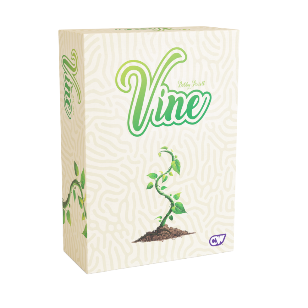 Vine board game box showing a green bean plant growing from a small mound of soil on the front cover
